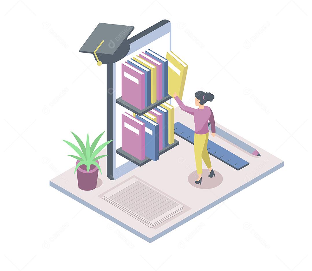 Adolescente visual lê livro no celular para educar, aprendendo conceito on-line, Design de ilustração vetorial isométrica