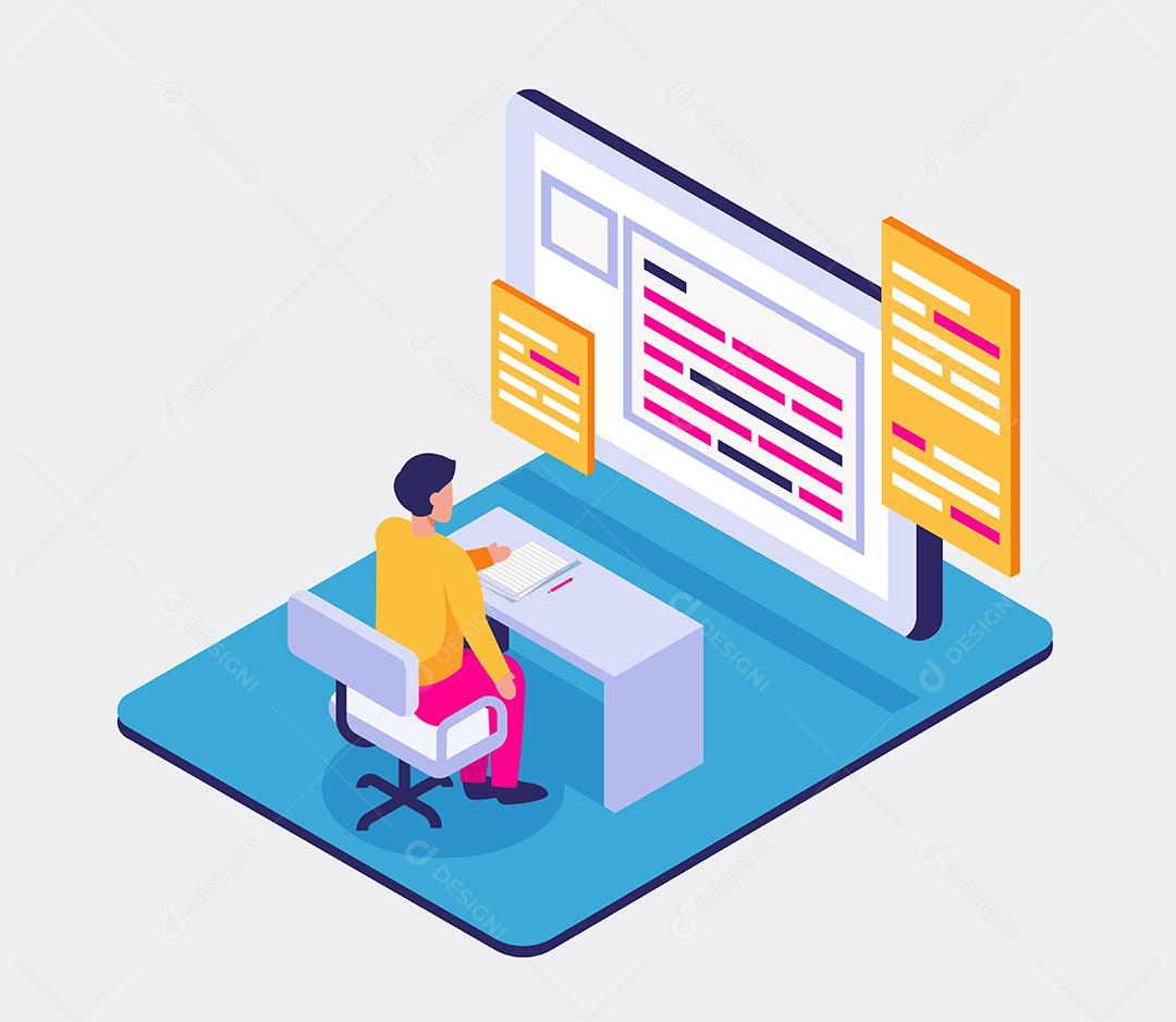 Adolescente visual lê livro no celular para educar, aprendendo conceito on-line, Design de ilustração vetorial isométrica