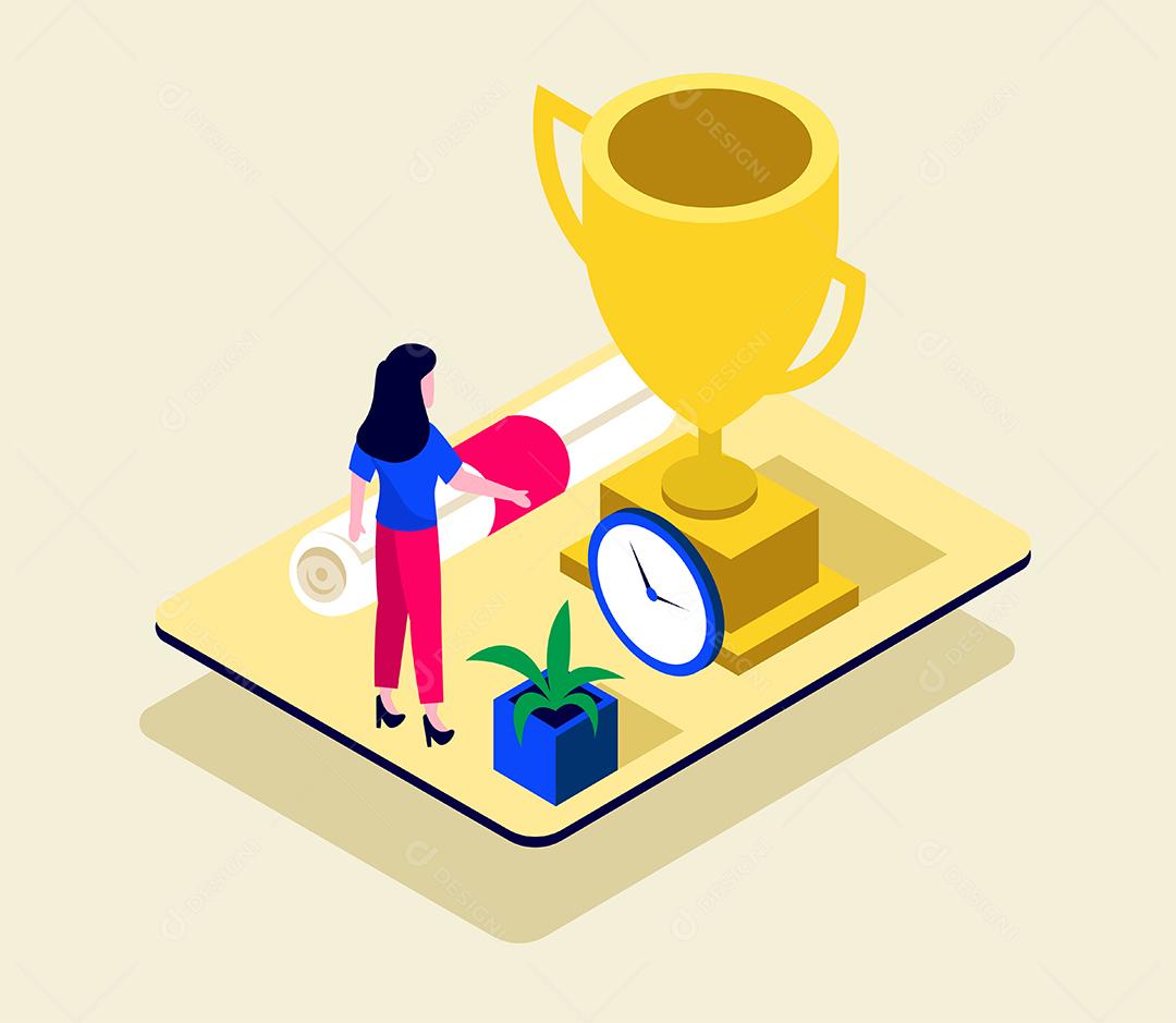 Visual com adolescente feminino e conceito de educação e tempo, ilustração vetorial isométrica