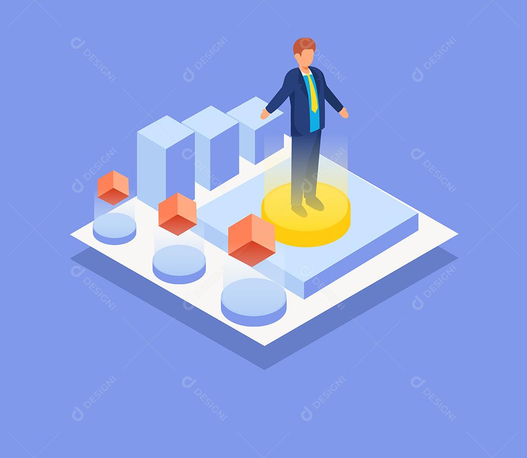 successful businessman in business with graphic work concept, isometric vector illustration