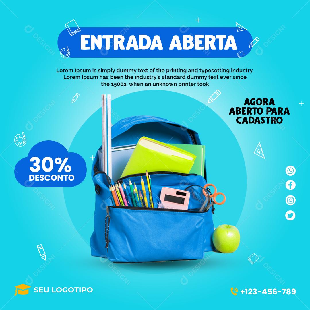 Social Media Volta Às Aulas Entrada Aberta 30% Desconto Escolas PSD Editável