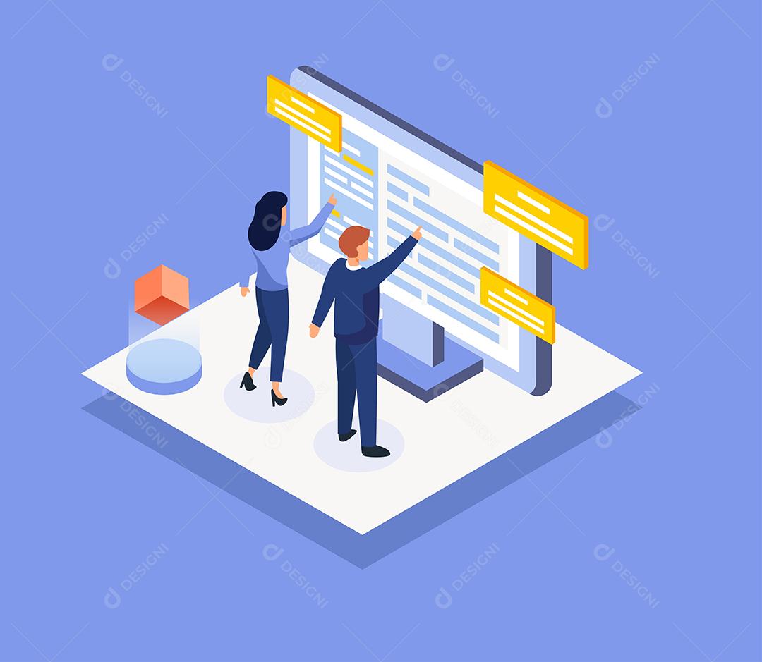 Visual com jovem empresário e mulher tem plano de reunião para trabalhar e criar alvo e trabalhar em telefone celular, conceito de trabalho de tecnologia, ilustração vetorial isométrica