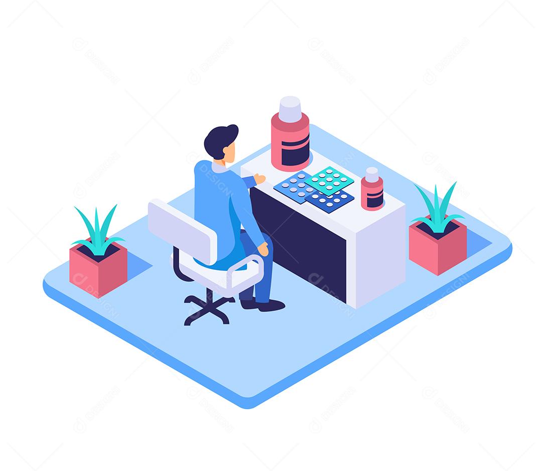 Jovem médico e frasco de remédio na mesa no hospital, conceito médico e saudável, design de ilustração vetorial isométrica