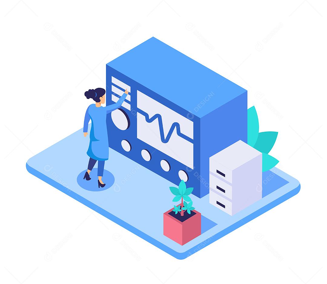 Jovem médica olhando variabilidade da frequência cardíaca no hospital, conceito médico e saudável, design de ilustração vetorial isométrica