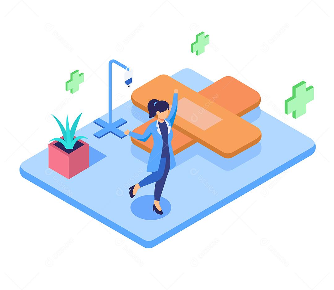 Jovem no hospital, conceito médico e saudável, design de ilustração vetorial isométrica