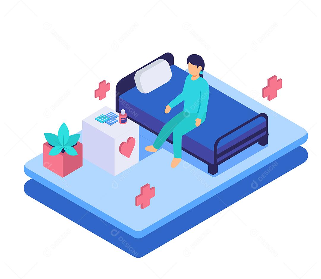 O jovem foi consultar um médico para tratar uma doença no hospital, conceito médico e saudável, design de ilustração vetorial isométrica