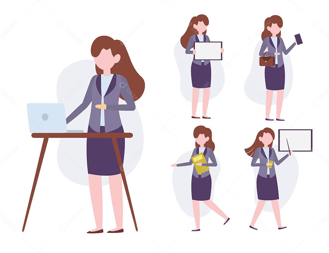 Conjunto de empresárias trabalhando em diferentes ações de personagens de desenhos animados, ilustração vetorial isolada