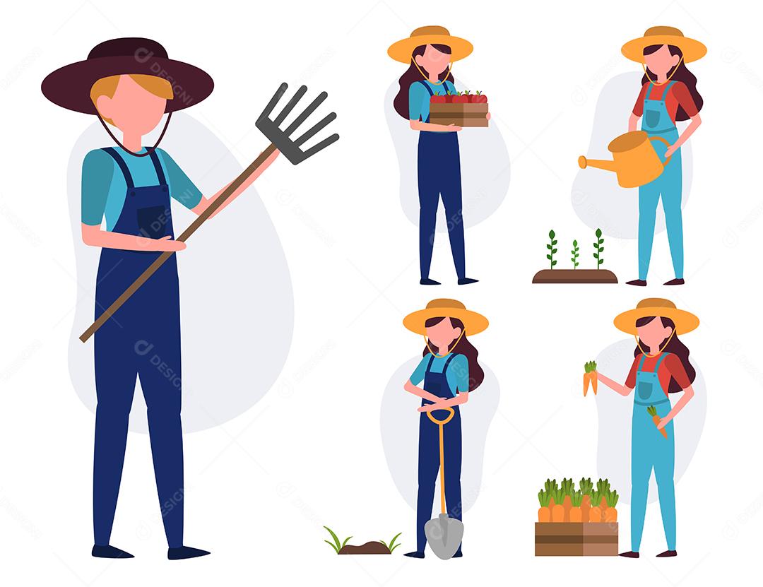 Conjunto de agricultor ou agricultor em personagem de desenho animado com diferentes ações, ilustração vetorial isolada