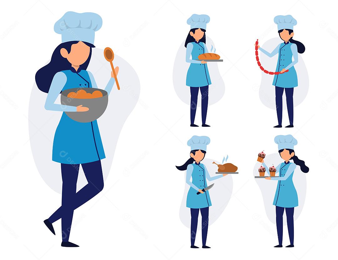 conjunto de chef feminina em personagem de desenho animado com ações diferentes, ilustração vetorial isolada