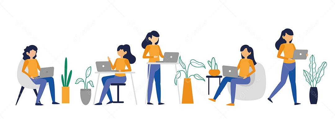 conjunto de mulheres trabalham em casa ou no café em personagens de desenhos animados diferentes ações, ilustração vetorial isolada