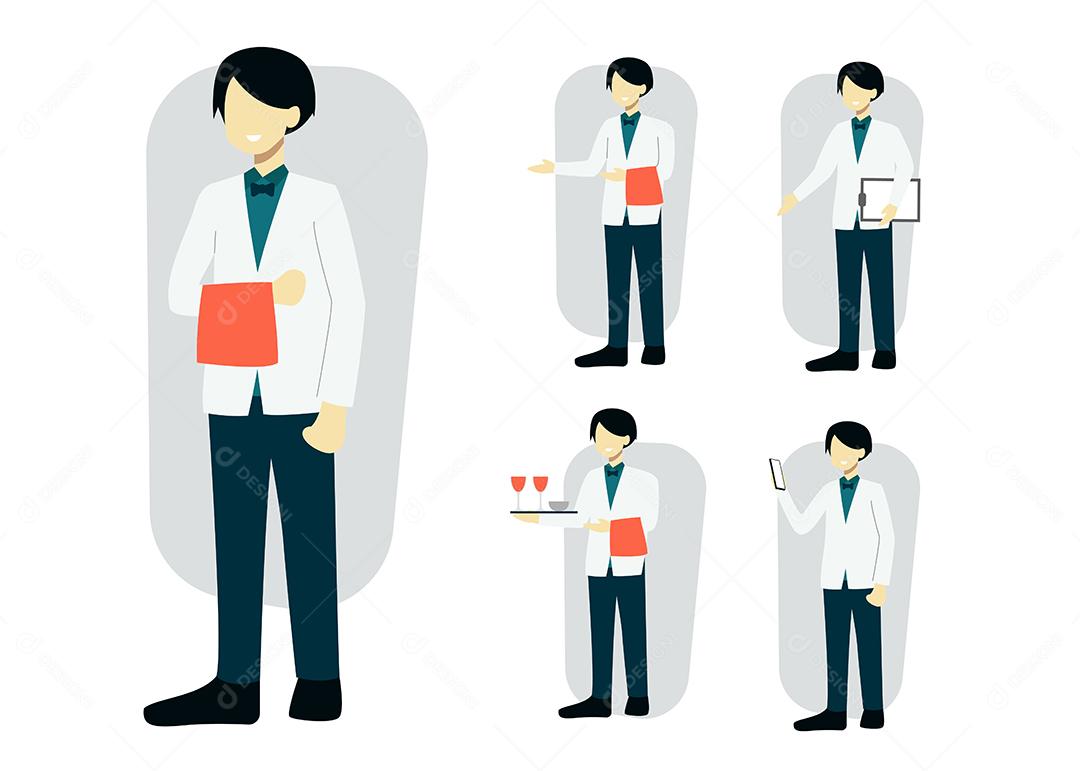 conjunto de garçonete em ações diferentes de personagem de desenho animado, ilustração vetorial isolada