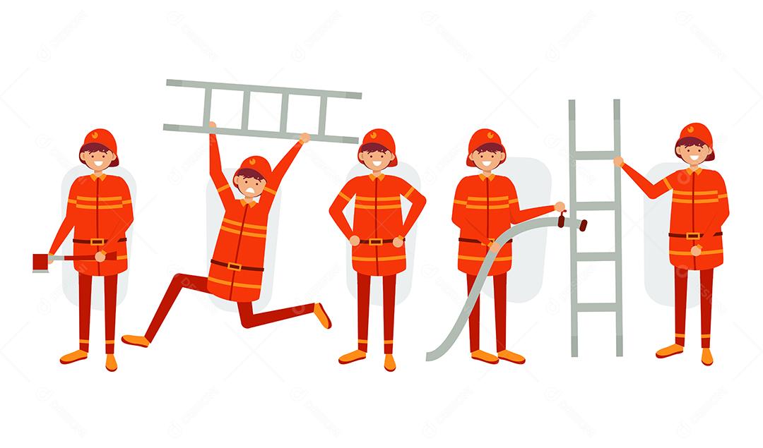 conjunto de pessoal de bombeiro em personagem de desenho animado com diferentes ações, ilustração vetorial isolada