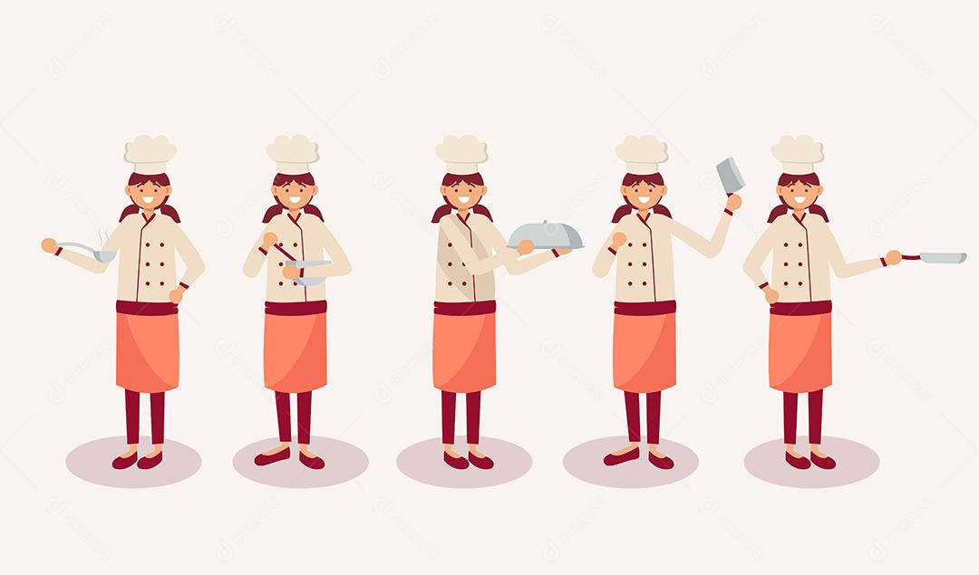 conjunto de chef feminina em personagem de desenho animado com ações diferentes, ilustração vetorial isolada