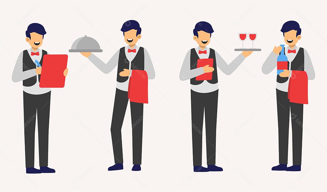 conjunto de garçom em personagem de desenho animado com ações diferentes, ilustração vetorial plana isolada