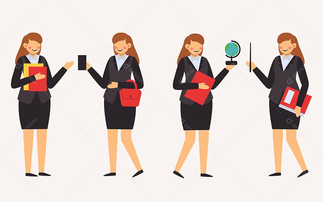 conjunto de professora em personagem de desenho animado com ações diferentes, ilustração vetorial plana isolada