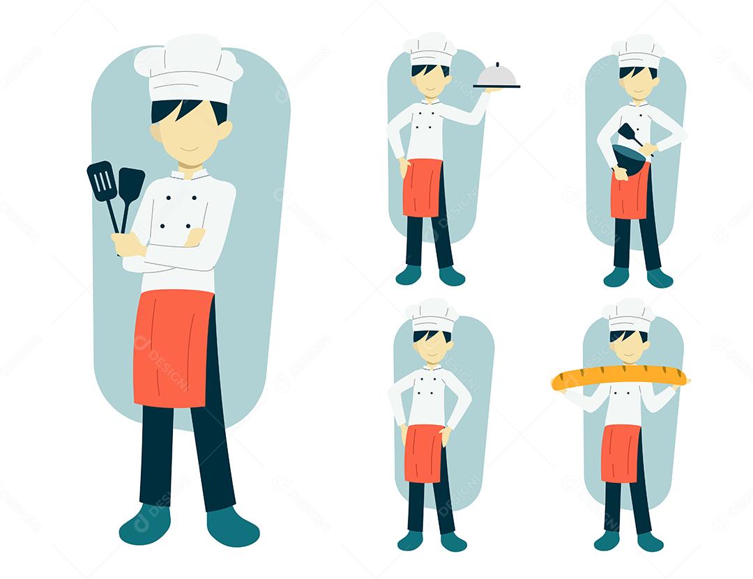 conjunto de chef man em personagem de desenho animado com ações diferentes, ilustração vetorial isolada