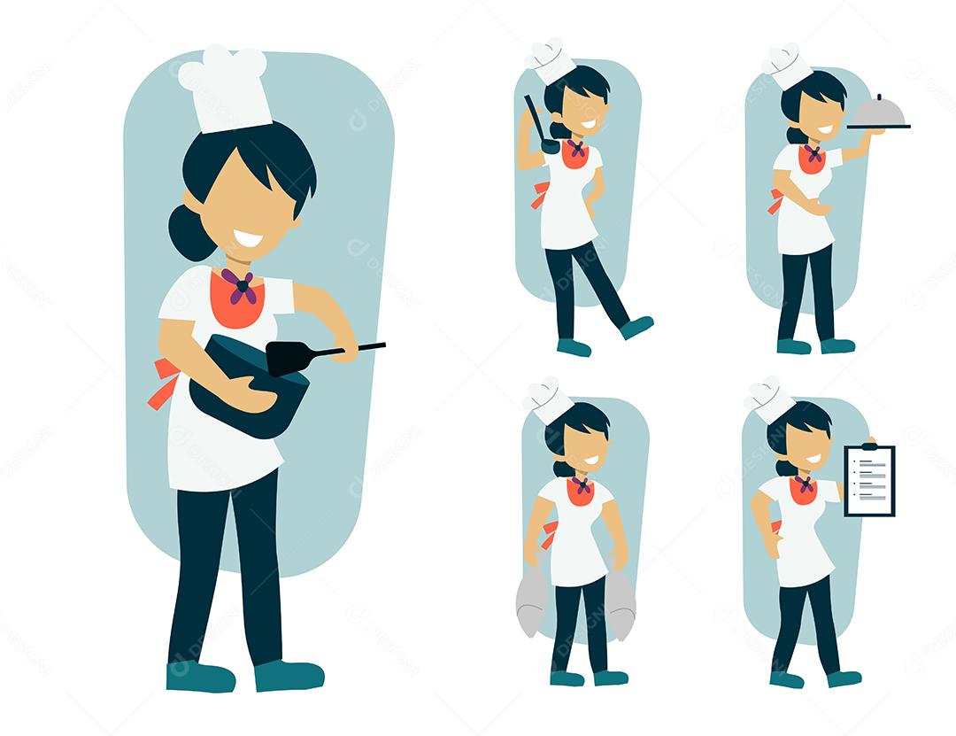 set of female chef in cartoon character with different actions, isolated vector illustration