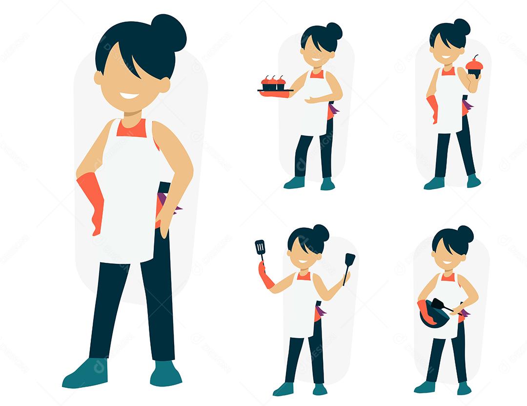 conjunto de chef feminina em personagem de desenho animado com ações diferentes, ilustração vetorial isolada