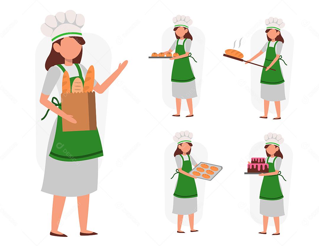 conjunto de chef feminina em personagem de desenho animado com ações diferentes, ilustração vetorial isolada