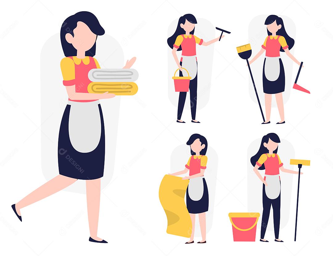 conjunto de sala de serviço feminino ou governanta em personagem de desenho animado com diferentes ações, ilustração vetorial isolada