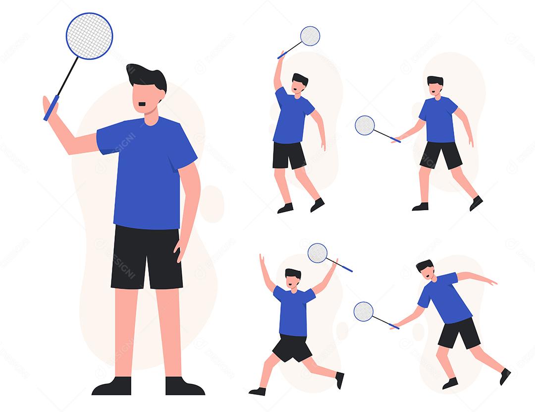 Conjunto de treino de pessoas saudáveis ​​com badminton em personagens de desenhos animados com diferentes ações, vetor isolado