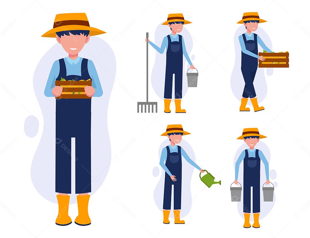 Conjunto de agricultor ou agricultor em personagem de desenho animado com diferentes ações, ilustração vetorial isolada