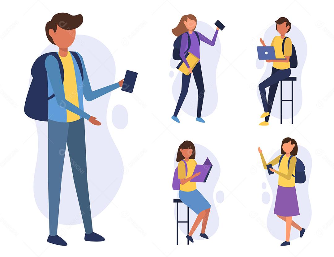 Conjunto de estudantes em ação diferente de personagem de desenho animado, vetor isolado