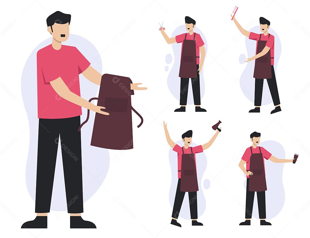Conjunto de cabeleireiro masculino na coleção de personagens de desenho animado em estilo simples, ações diferentes, isolar ilustrações vetoriais