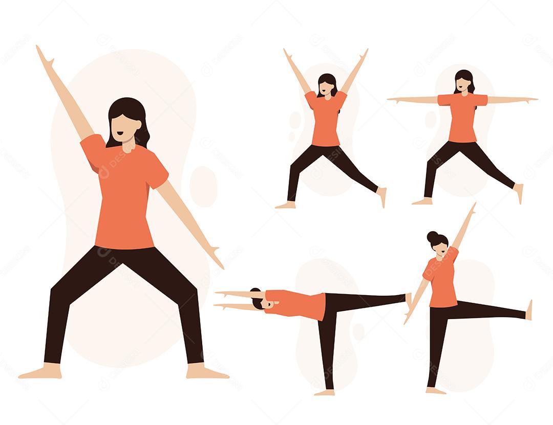 Conjunto de pessoas saudáveis ​​se exercitam em personagens de desenhos animados com ações diferentes, vetor isolado