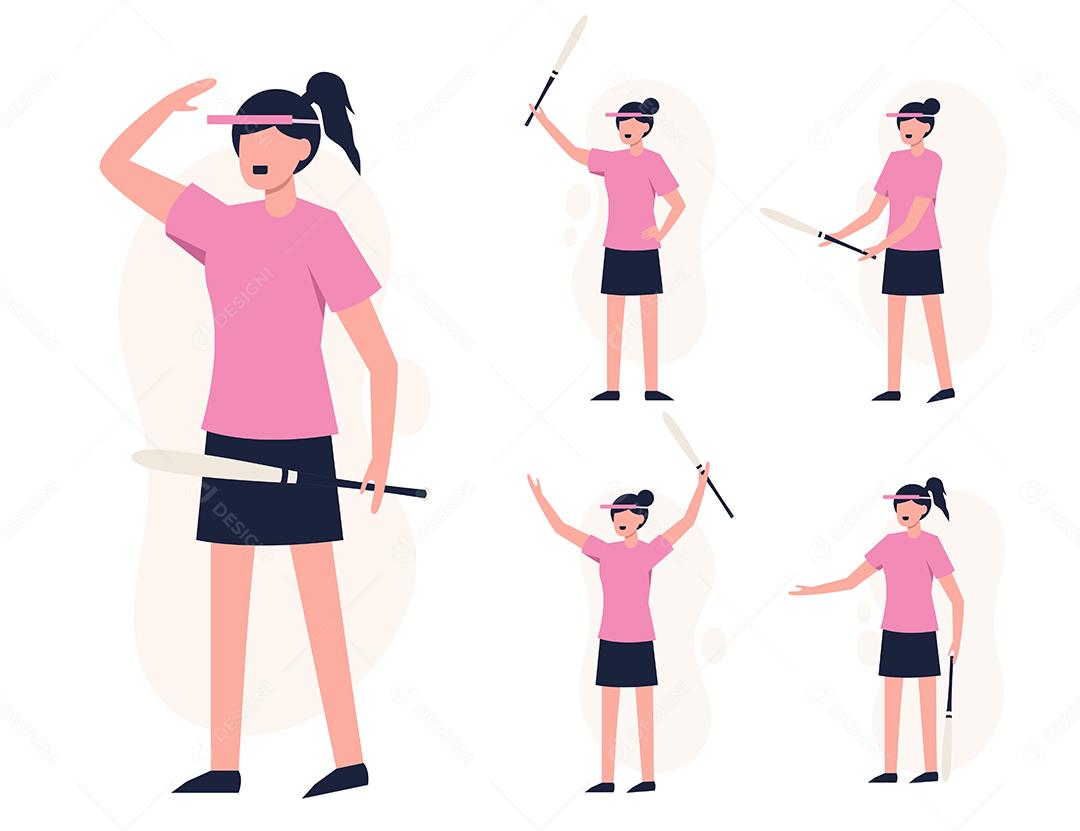 Conjunto de atiradores de esgrima em personagens de desenhos animados com diferentes ações, vetor isolado