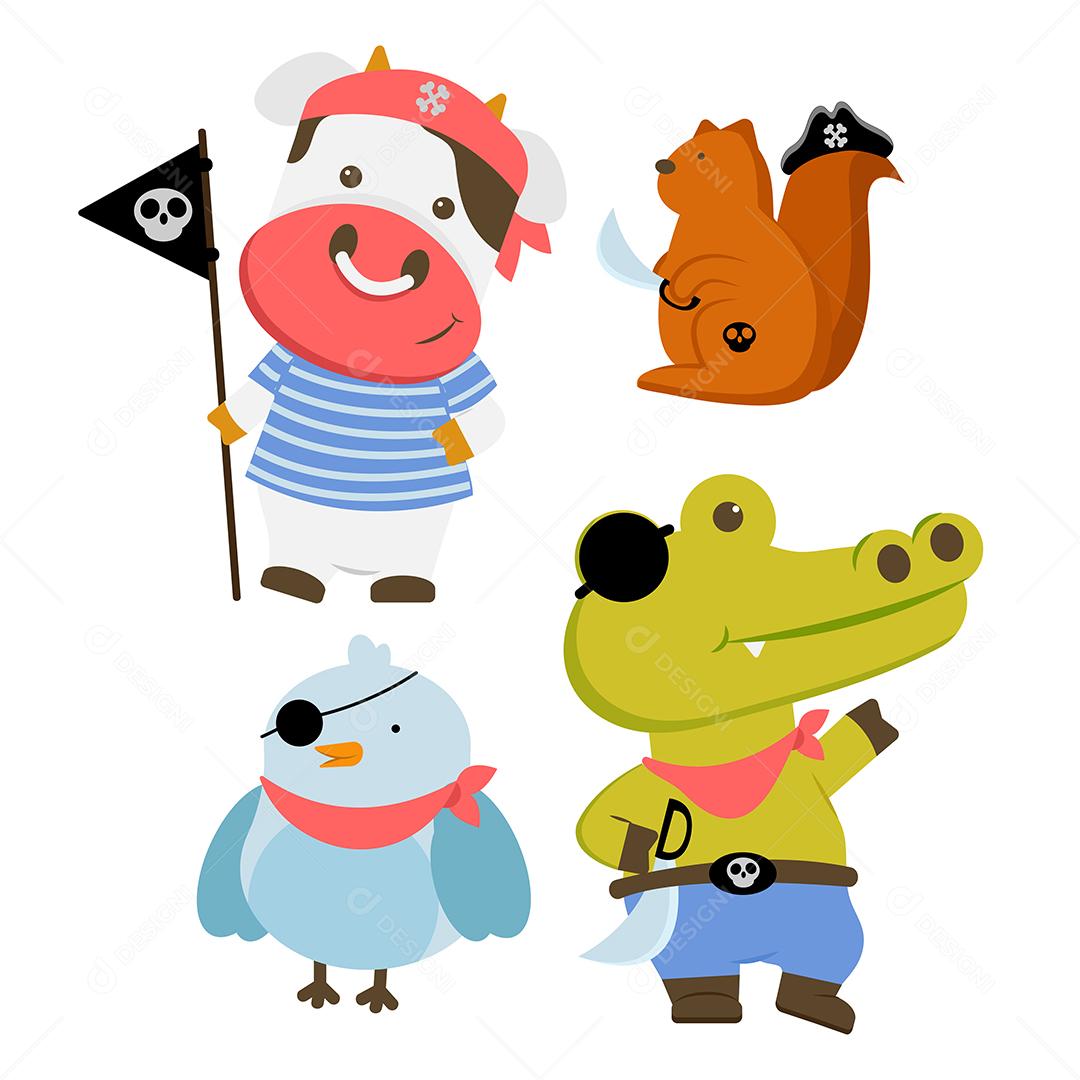 conjunto de personagem animal com uma vaca, um esquilo, uma galinha e um crocodilo vestido com fantasias de pirata.