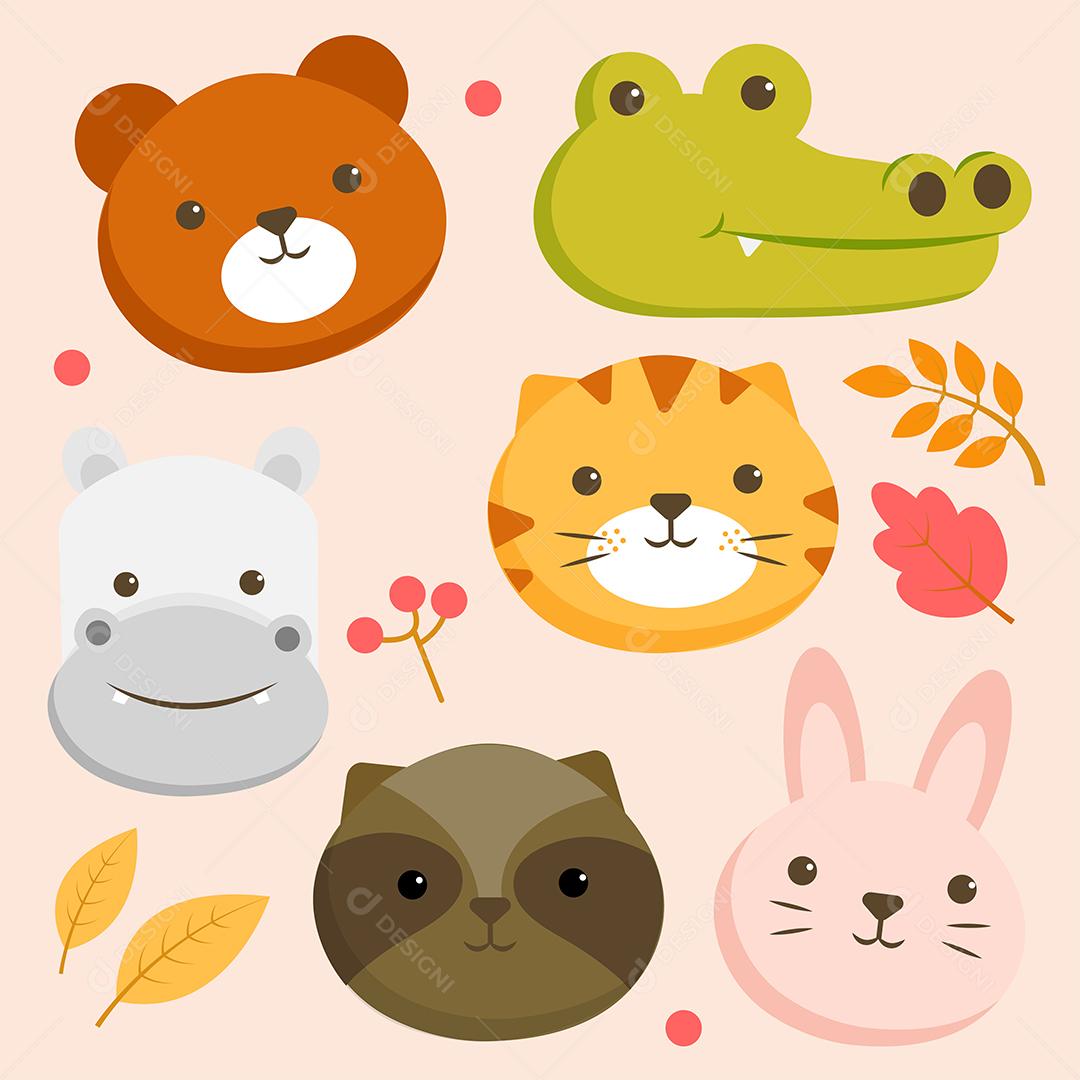 conjunto de personagem animal com cara de urso, crocodilo, hipopótamo, tigre e coelho