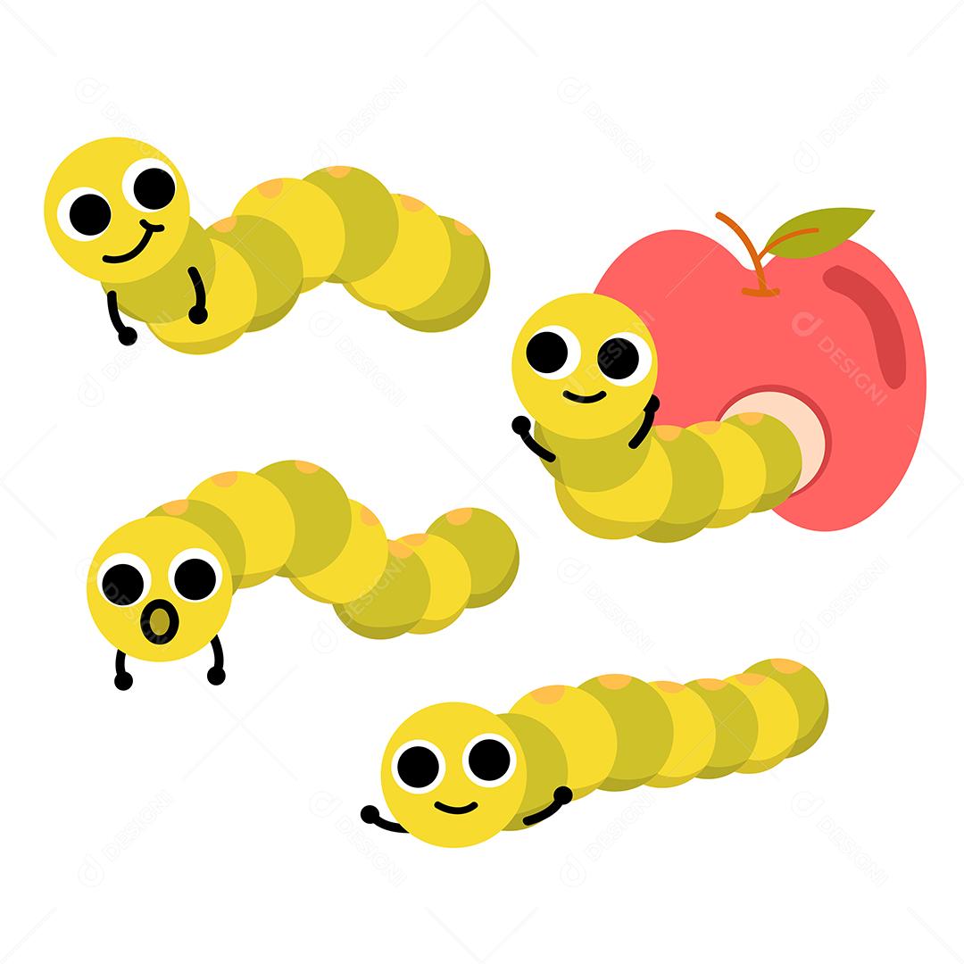 conjunto de caráter animal com lagartas verde-amarelas que perfuram maçãs.