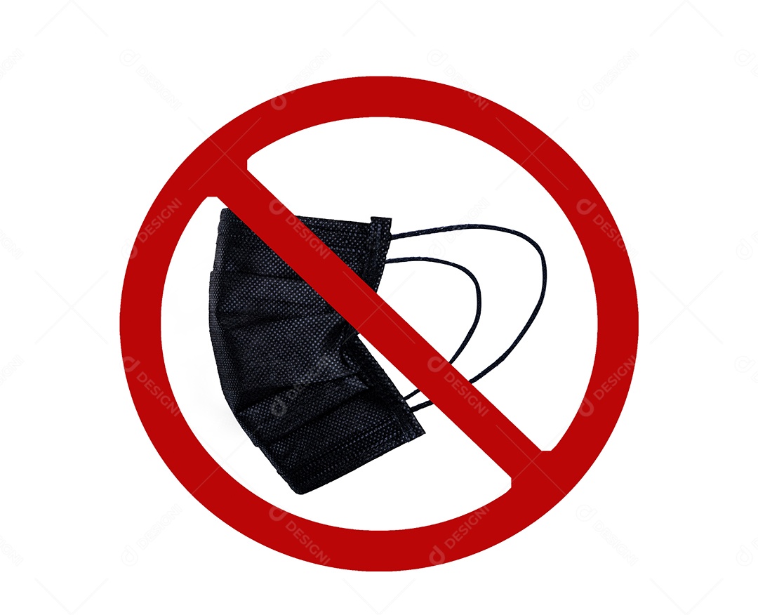 Máscara cirúrgica preta usada no símbolo vermelho proibido no fundo branco. Não descarte a máscara facial médica usada nesta área