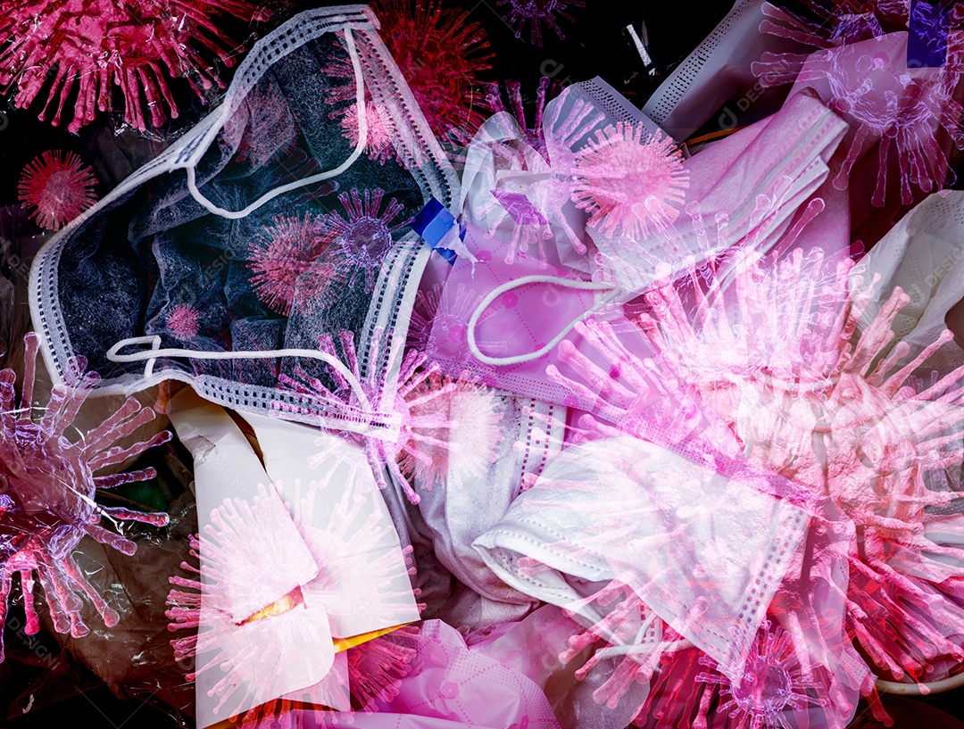 Máscara facial cirúrgica usada no lixo. Gestão de resíduos hospitalares. Descarte os resíduos da máscara facial do gancho de orelha no lixo de lixo