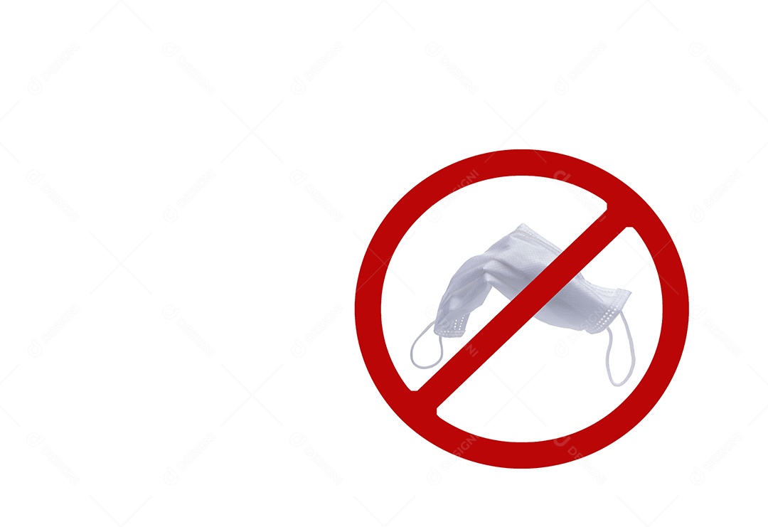 Máscara cirúrgica branca usada no símbolo vermelho proibido no fundo branco. Não descarte a máscara facial médica usada nesta área