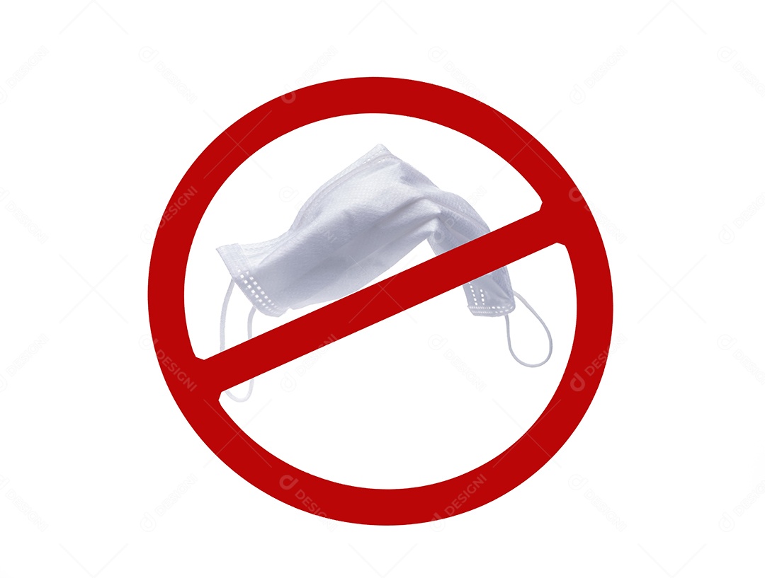 Máscara cirúrgica branca usada no símbolo vermelho proibido no fundo branco. Não descarte a máscara facial médica usada nesta área