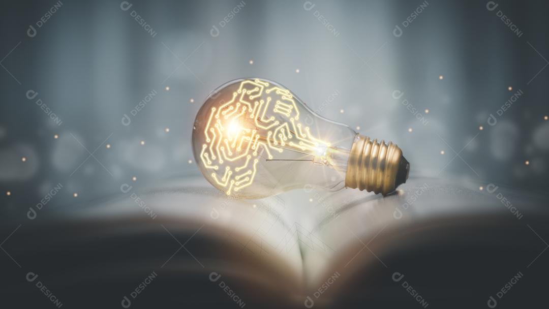 lâmpada brilhando no livro, ideia de inspiração da leitura, conceito de ideia de inovação, conhecimento de autoaprendizagem ou educação e conceito de estudo de negócios.