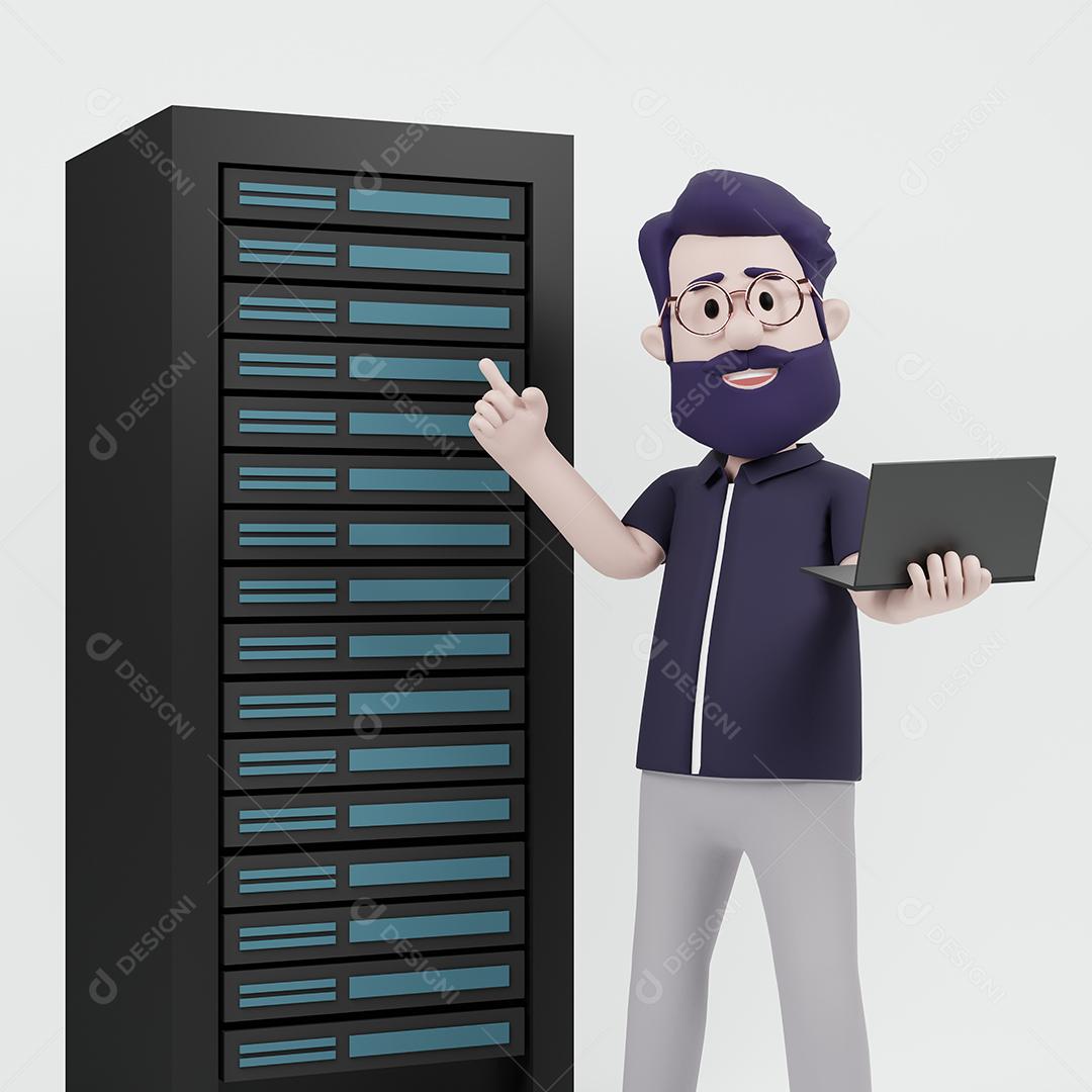 Homem de personagem 3D apresentando o servidor e o laptop