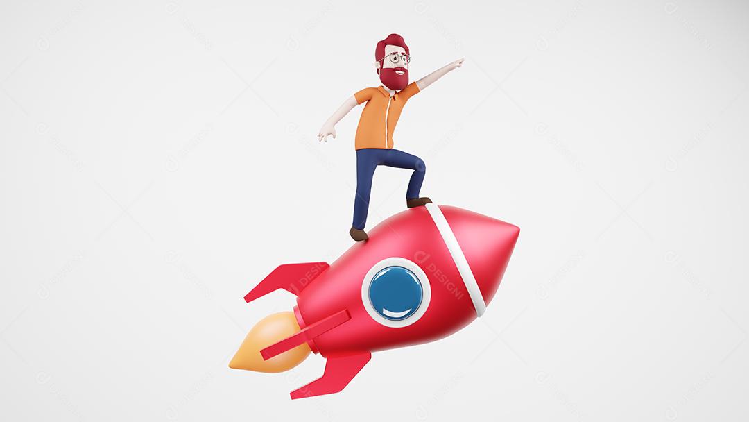 Personagem 3D montando negócios de foguete