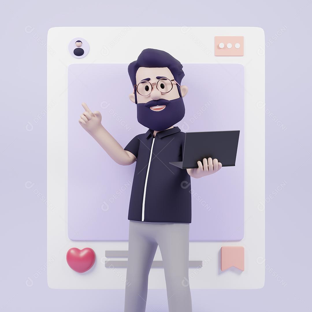 Homem de personagem 3D apresentando influenciador de conta de mídia social