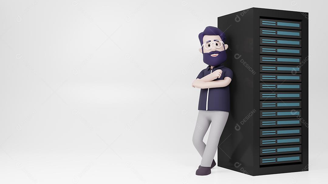 Homem de personagem 3D apresentando o servidor e o laptop
