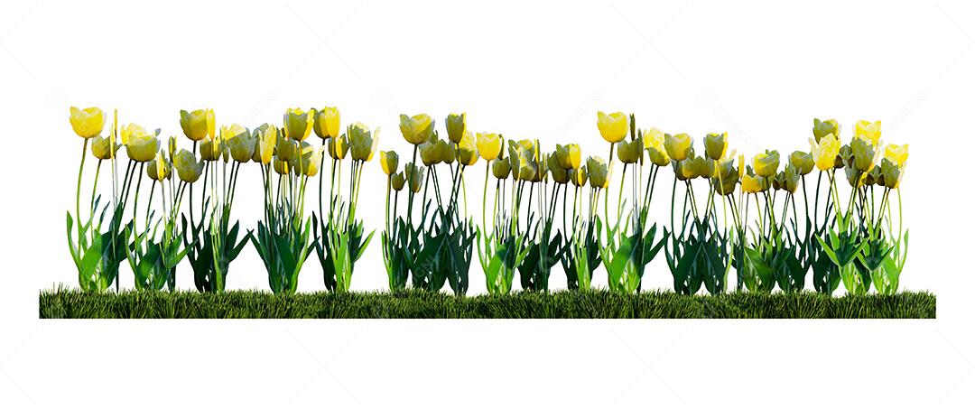 Uma imagem renderizada de tulipas coloridas no campo de grama verde