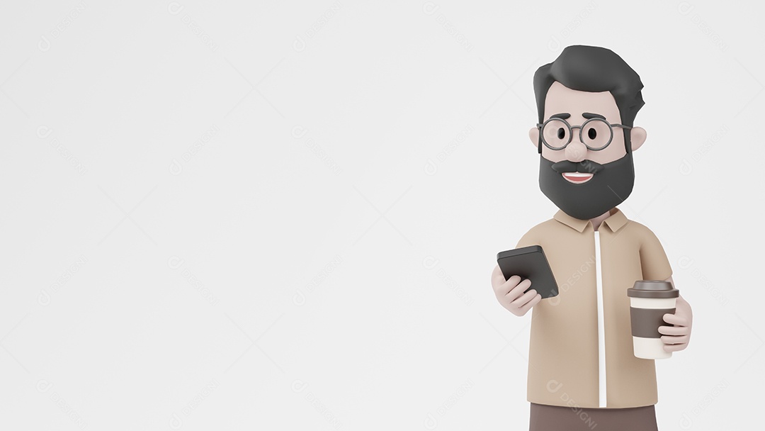 Homem 3D segurando café móvel feliz