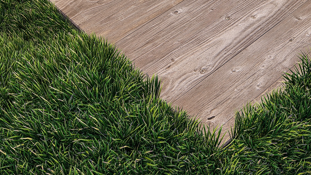 Uma imagem de renderização 3d do lugar da placa de madeira no campo de grama.