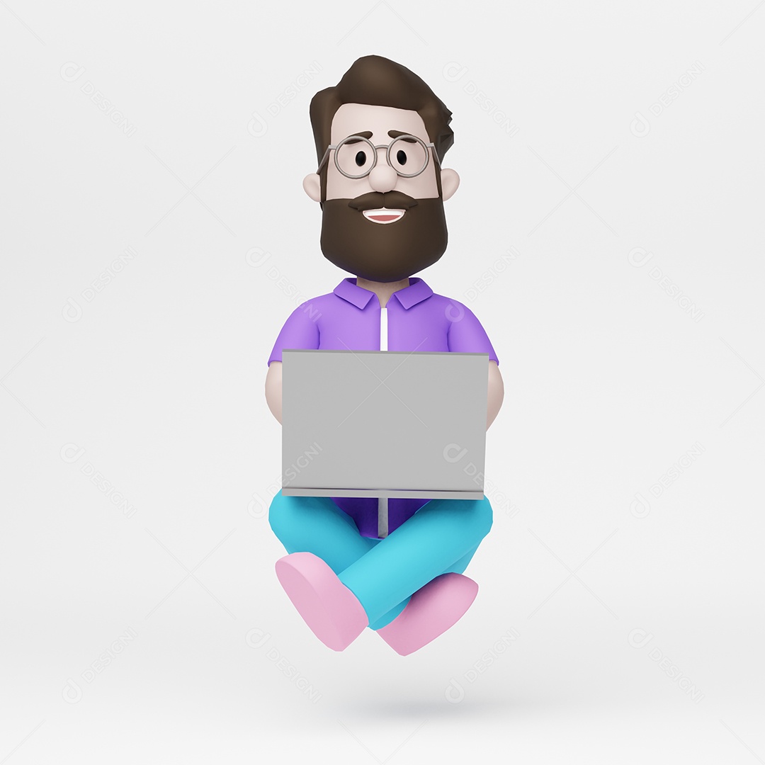 Homem 3D trabalha em casa com conexão de laptop on-line