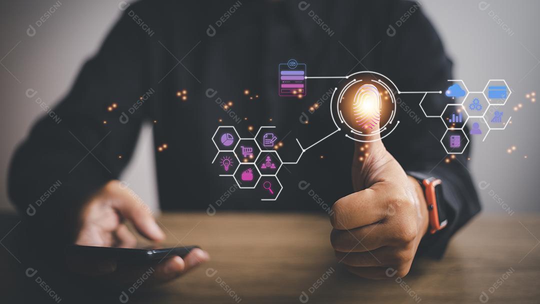 digitalização de impressão digital do empresário e autenticação biométrica, senha de segurança cibernética e impressão digital, tecnologia futura e cibernética. cibersegurança e proteção de dados.