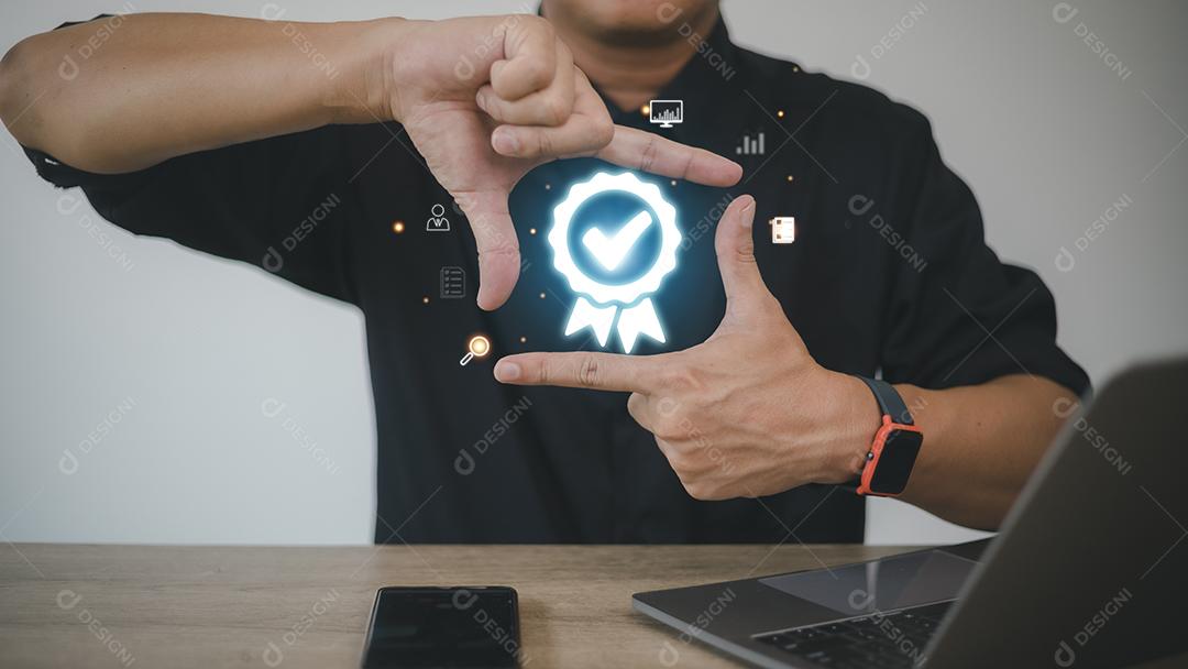 businessman working with superior service quality guarantee sign, guarantee, standards, iso certification and standardization concept.