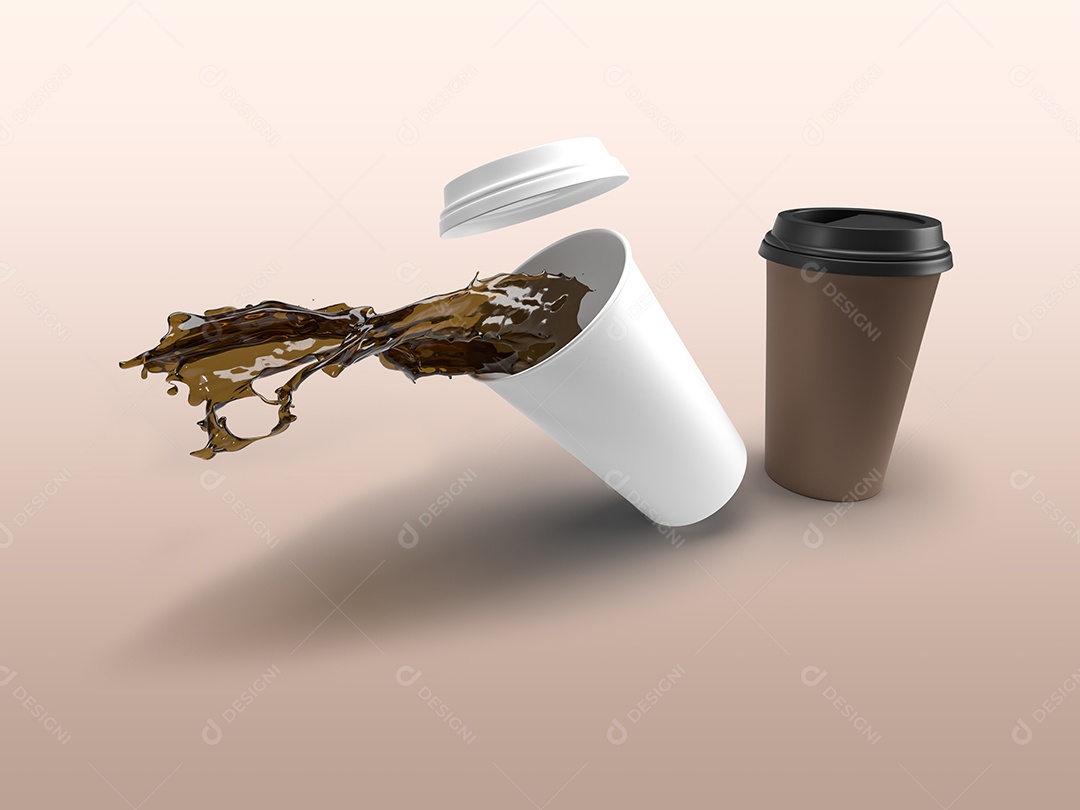 Imagem de renderização 3D de canecas de café derramadas.