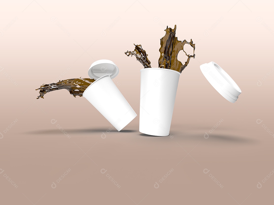 Imagem de renderização 3D de canecas de café derramadas.